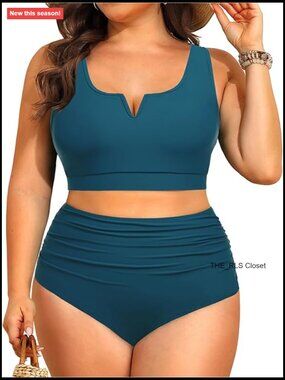 Plus Size High Waisted Bikini Top Bottom Set Tummy Control V-Wire